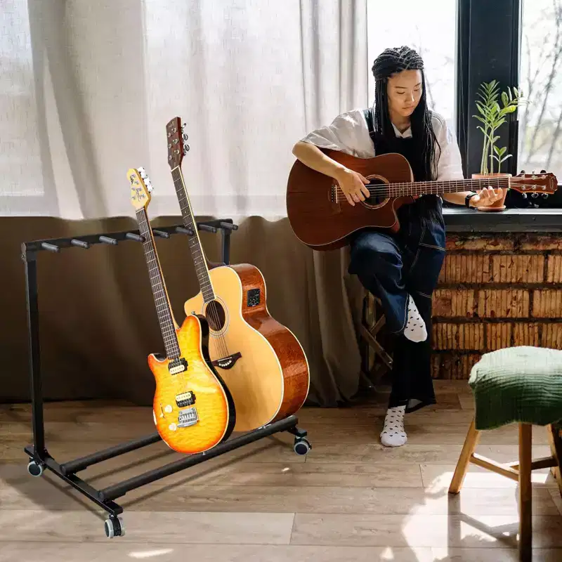 Multi Guitar Stand Rack with Wheels 7 Holders Foldable Guitar Stand Display Rack with No-Slip Rubber Padding Guitar Storage Rack for Home Band Stage