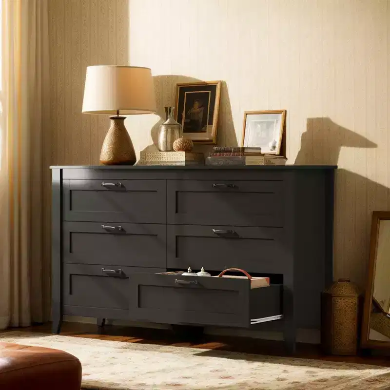 6-Drawer Dresser, Large Storage Cabinet for Bedroom, Living Room, Entryway, Retro Wood Chest of Drawers with Metal Handles & Anti-Tip Design, 54-Inch