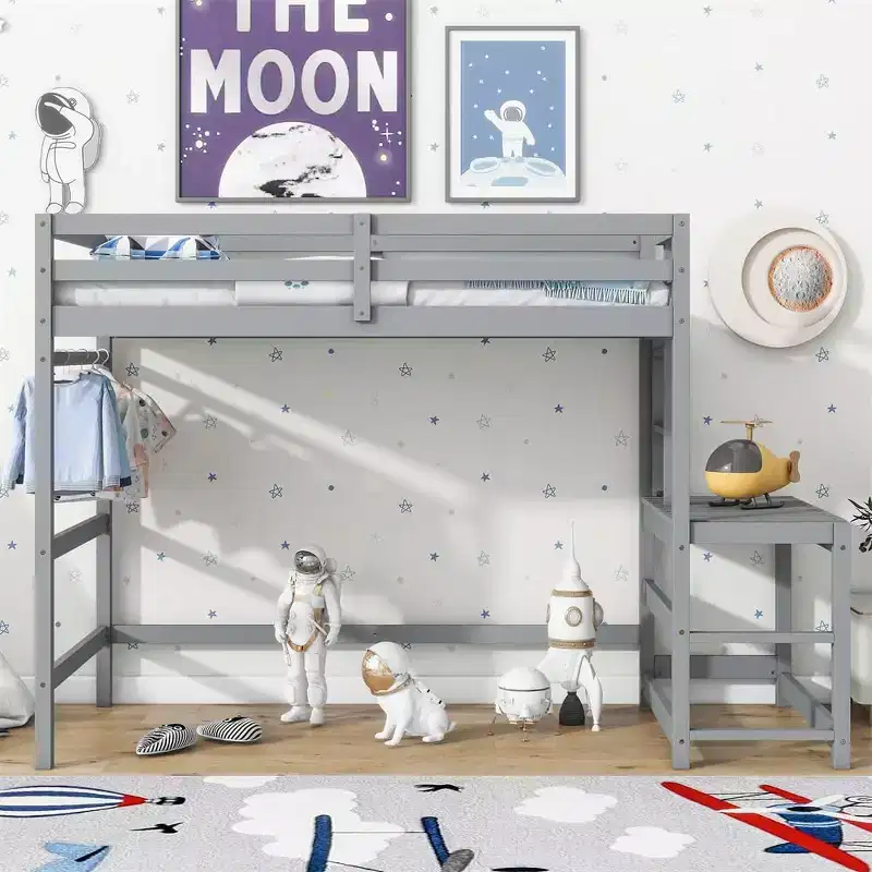 Twin Loft Bed with Stairs, Space-Saving Kids Bed Frame, Ladder Platform, Guardrail, No Box Spring Needed