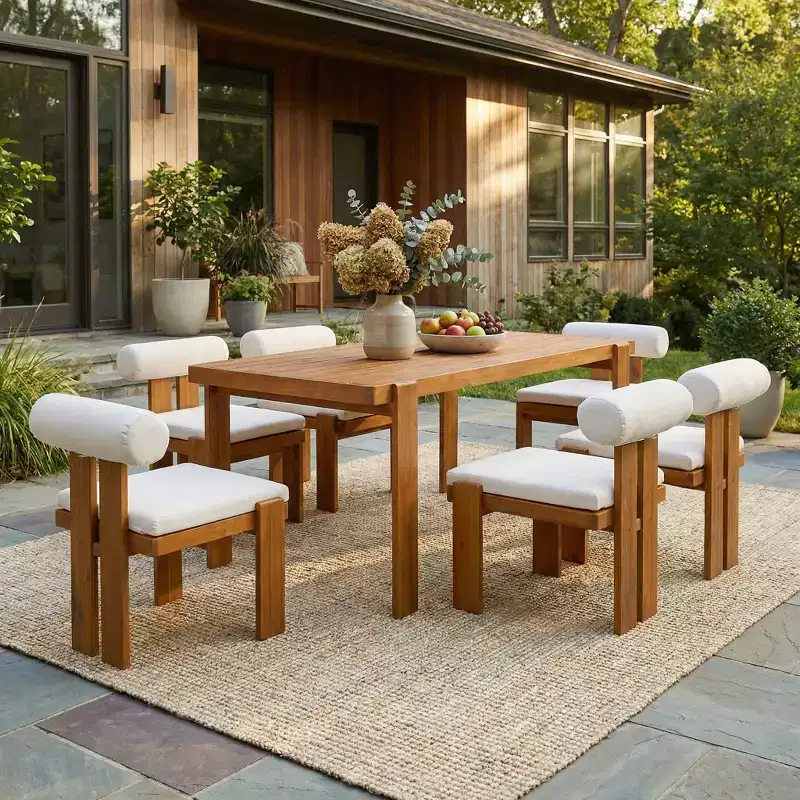 Christopher Knight Home Lucia Modern 7 Piece Patio Acacia Upholstered Dining Set with Round Back and Slatted Table