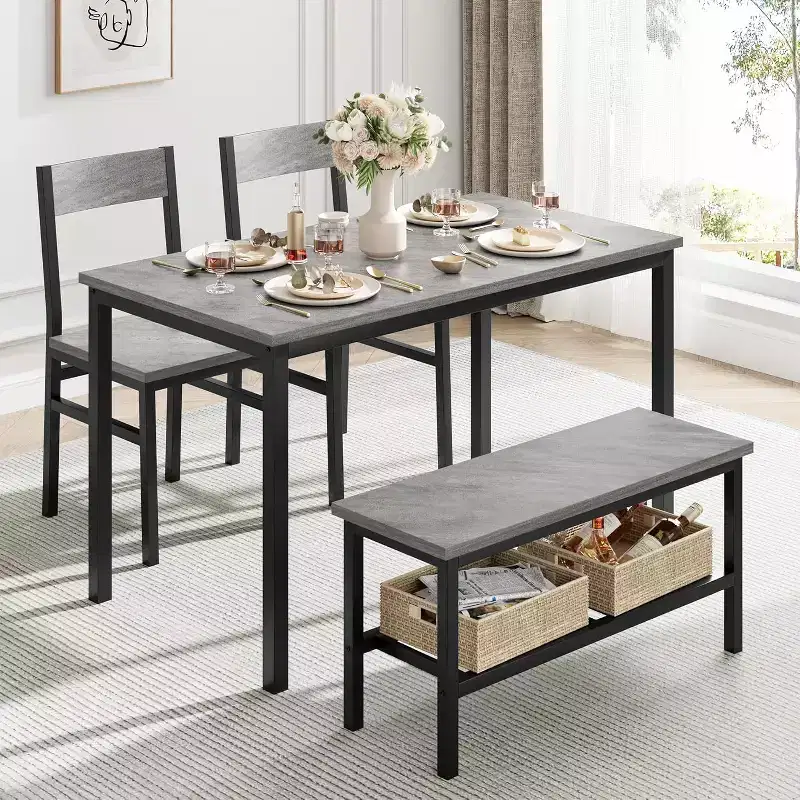 Dining Table Set for 4 with Bench, Kitchen Table Set with Bench, Dining Room with Storage Racks