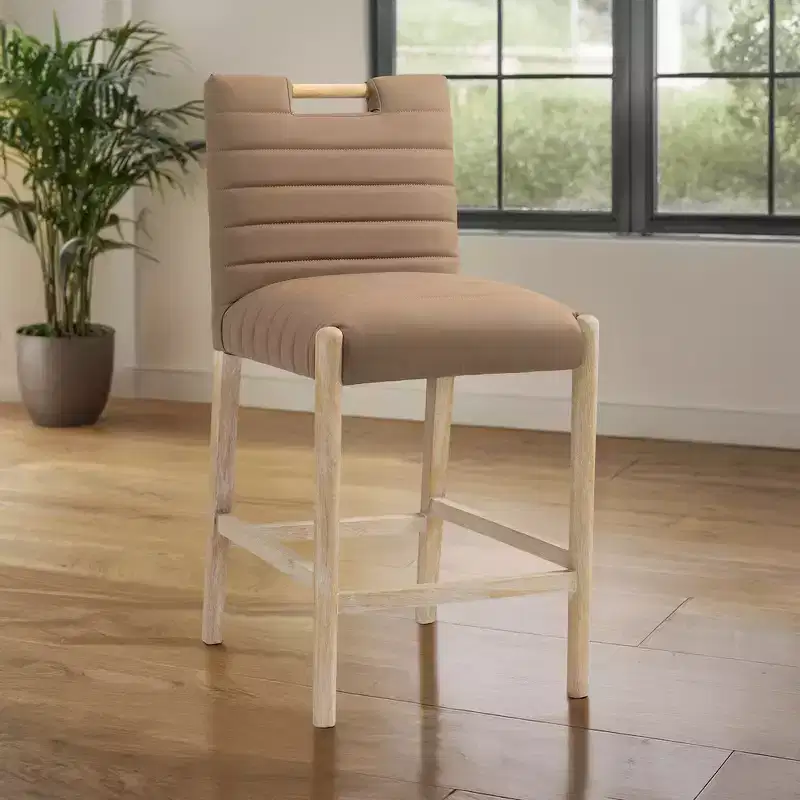 Brown Vegan Leather Counter Stool with Natural Oak Finish Base