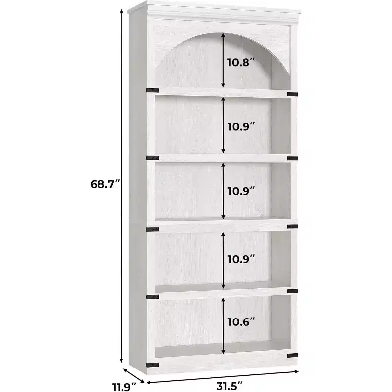 Acekool 5 Shelf Arched Bookcase, Farmhouse Rustic Wood Bookshelf with Metal Corner Guards, for Living Room