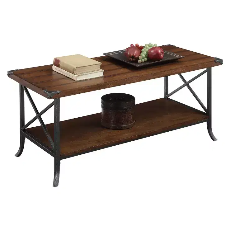 Coffee Table with Storage Shelf, Grooved Top and Decorative Metal Corner Protectors, Dark Walnut/Slate Gray