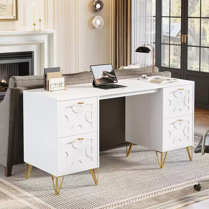 59-Inch White Desk with Drawers, Modern Office Desk Writing Table with Gold Legs and Storage for Bedroom, Workspace, Living Room