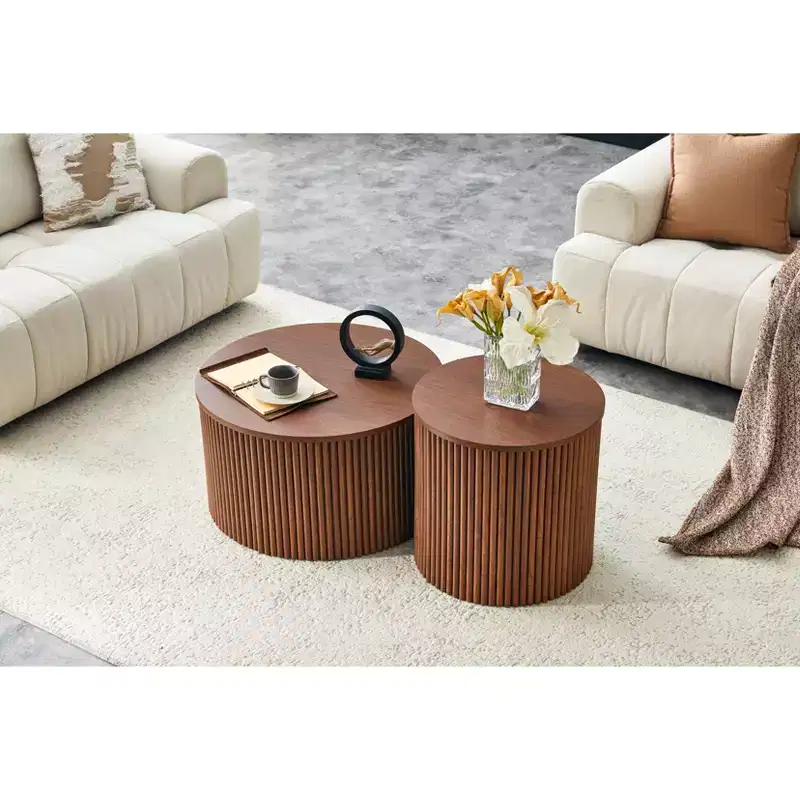Nesting Coffee Table with Roman Column Design and Hidden Storage, Wood Grain Finish for Living Room