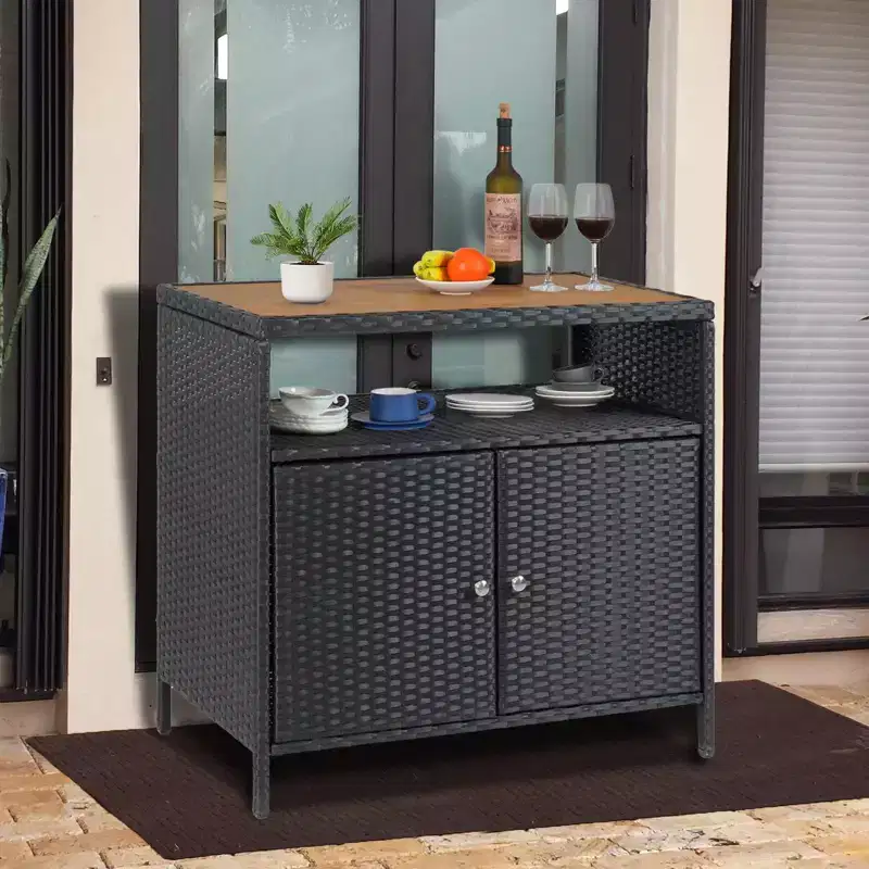 Outdoor Storage Cabinet, Weather-Proof Rattan Bar Table with Two Doors Wicker Patio Storage Box Garden Weather-Proof Bar Table