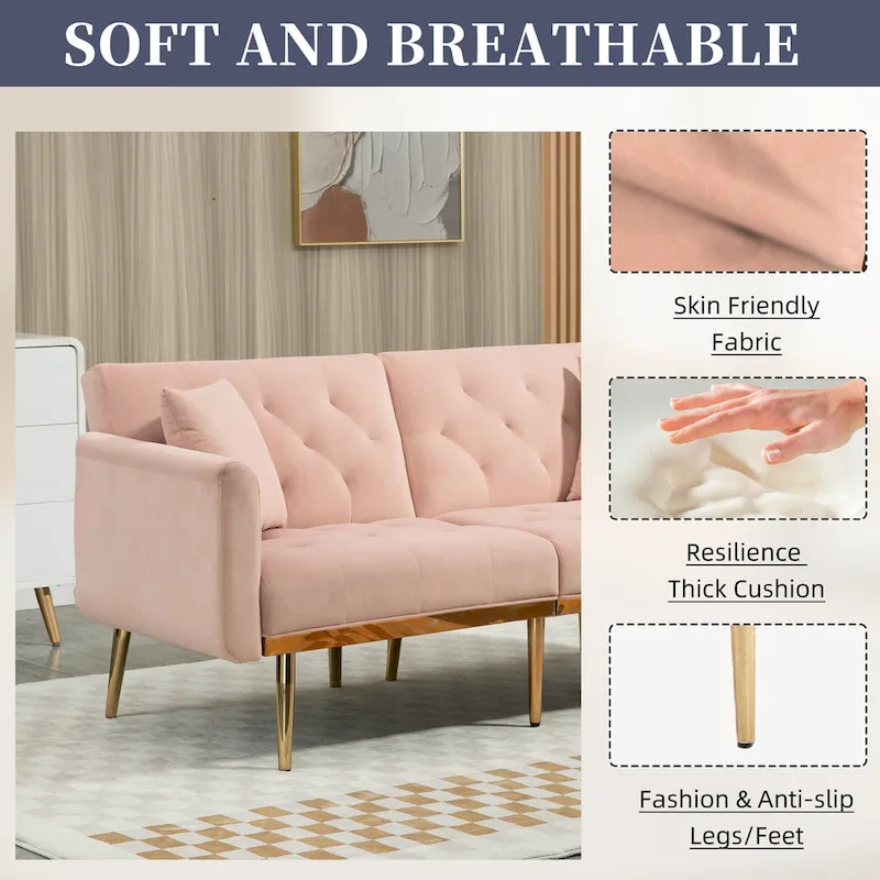 Velvet Upholstered Tufted Loveseats Sleeper Sofa With Rose Golden Legs