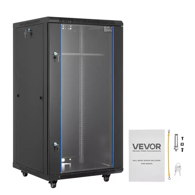 Black 22U Wall Mount Network Cabinet Rack Enclosure, Single-Unit, Locking Glass Door