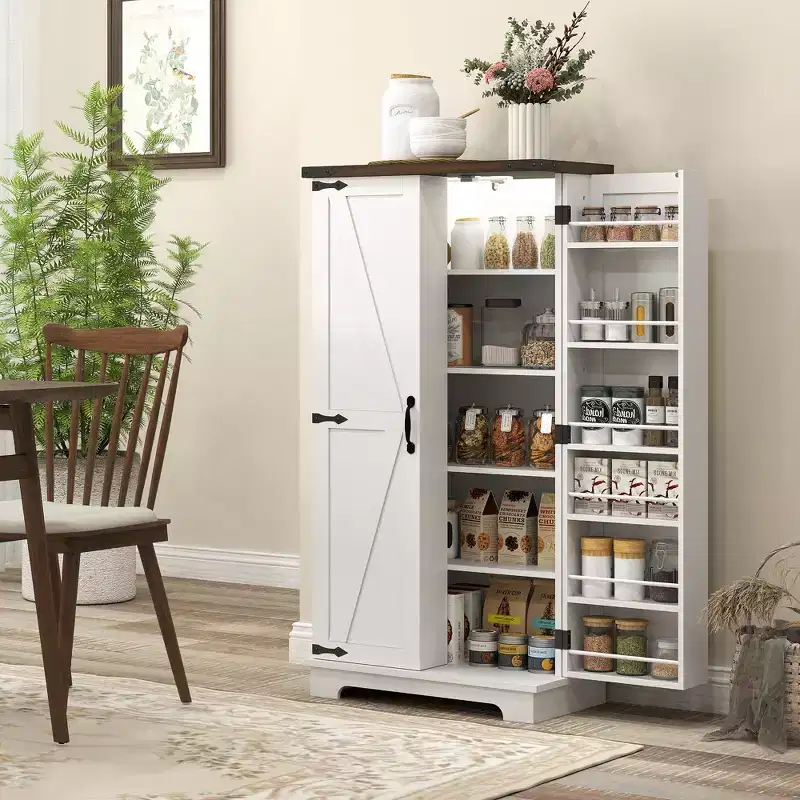 HOMCOM 47 Kitchen Pantry Cabinet with Sensing LED Light, Farmhouse Storage Cabinet with Doors, 2 Adjustable Shelves and 12 Door Shelves, White