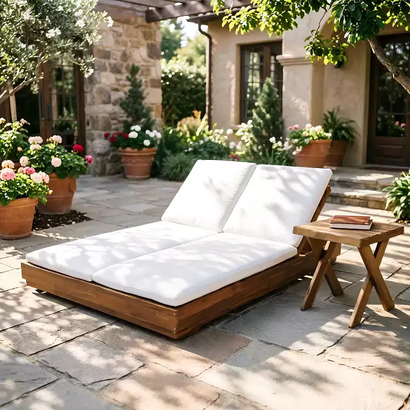 Christopher Knight Home Noemi Patio Acacia Wood Adjustable Backrest Double Sunlounge with Slatted Side Table
