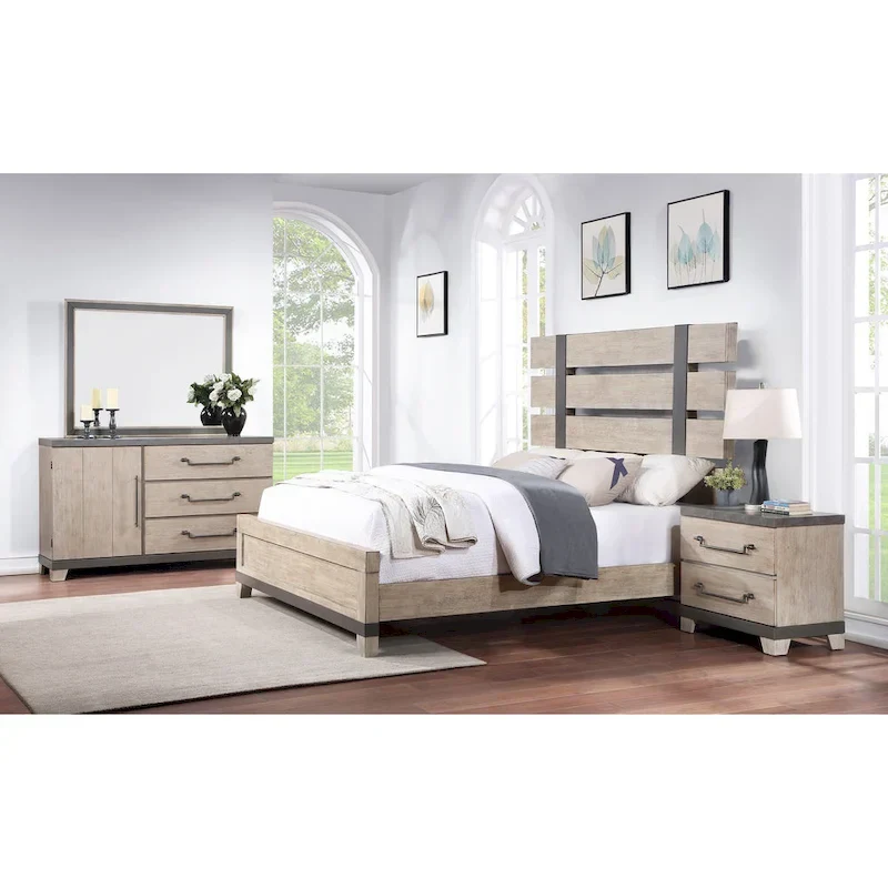 Wood Slatted Panel Bed with Dresser, Mirror, and Two Nightstands, Weathered Oak Finish