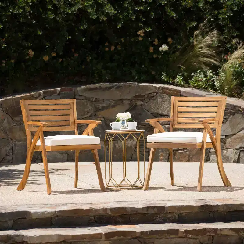3 Pieces Outdoor Patio Dining Set, Hermosa KD Wood Table & Chairs with Cushions, Teak Finish