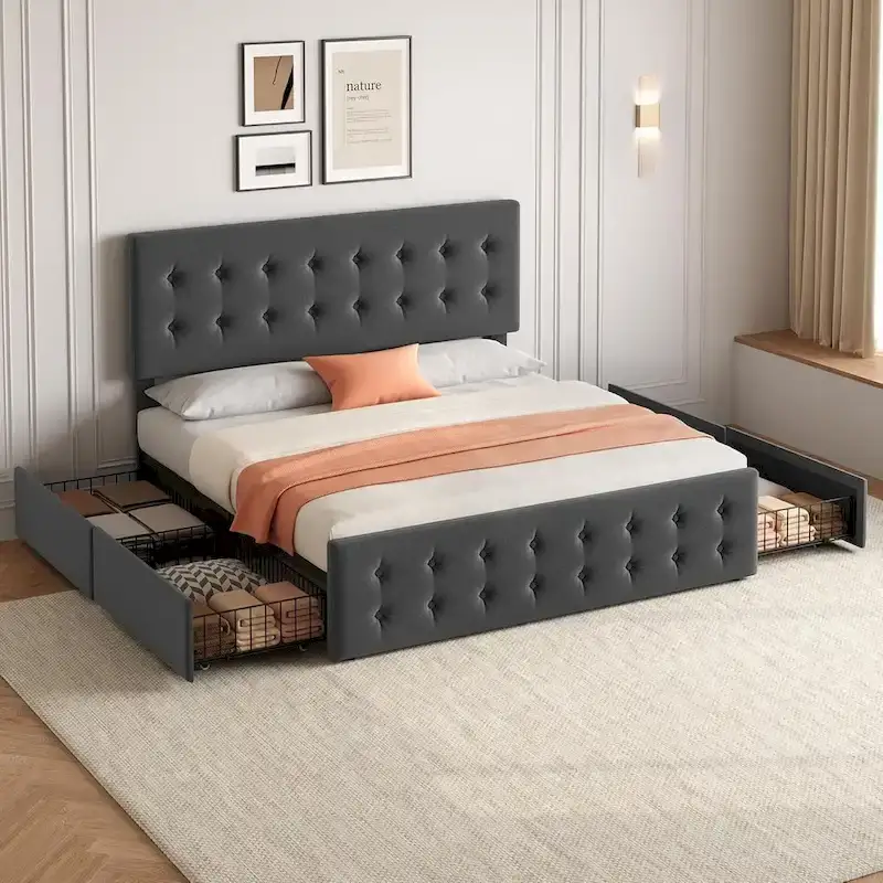 Gray Linen Queen Bed Frame with 4 Storage Drawers & Adjustable Headboard, 1-Person Assembly