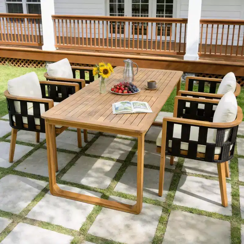 Christopher Knight Home Gavin Patio Modern Acacia Wood 5-Piece Dining Set with 4 Wicker Rope Dining Chairs