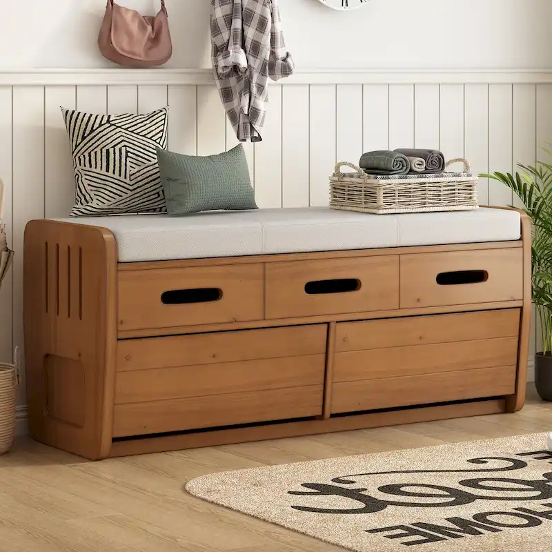 Natural Wood / Navy Rustic Storage Bench, 2-Drawer, Seats 1–2