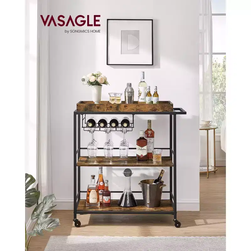 3-Tier Kitchen Serving Cart with Removable Tray - Mobile Utility Cart with Wheels & Brakes, Rustic Brown and Black