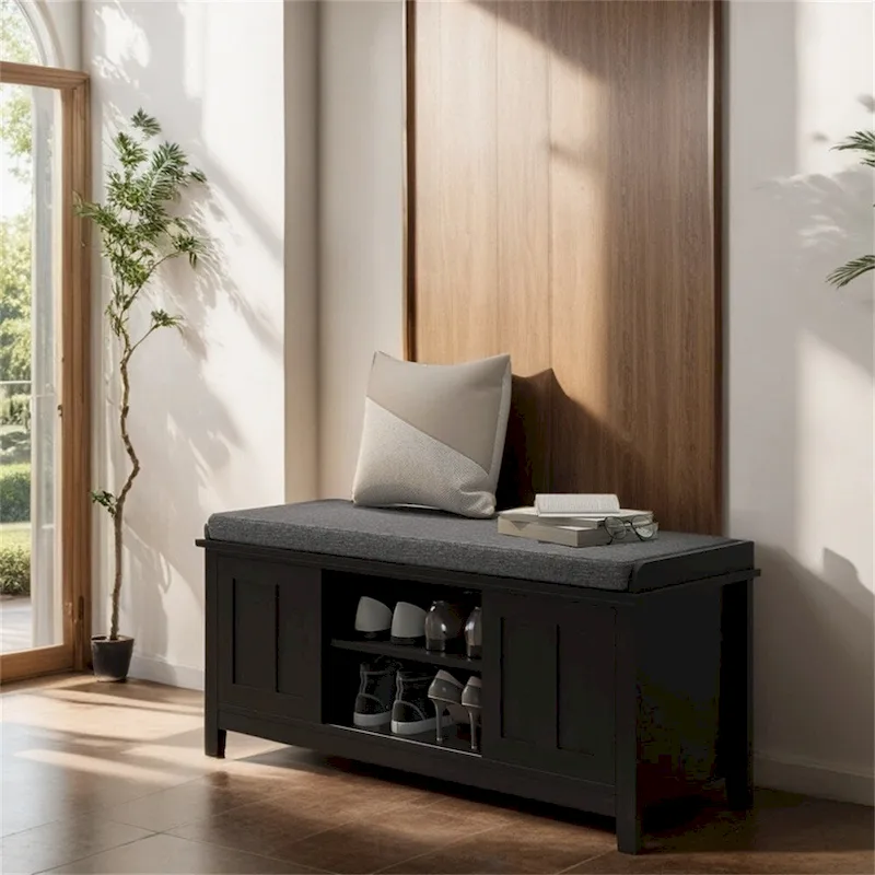 Entryway Shoe Bench Storage Ottoman w/Sliding Door,Adjustable Shelving