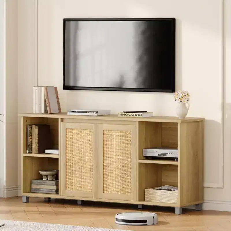 Rattan TV Stand, 63 Modern Entertainment Center with Storage Shelves and Cabinets, Rattan Door, Boho TV Stand for Living Room