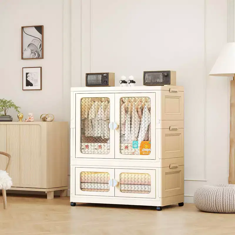 COZONY 2-Tier Storage Wardrobe w/ Transparent Doors & Rolling Bins for Home Organization