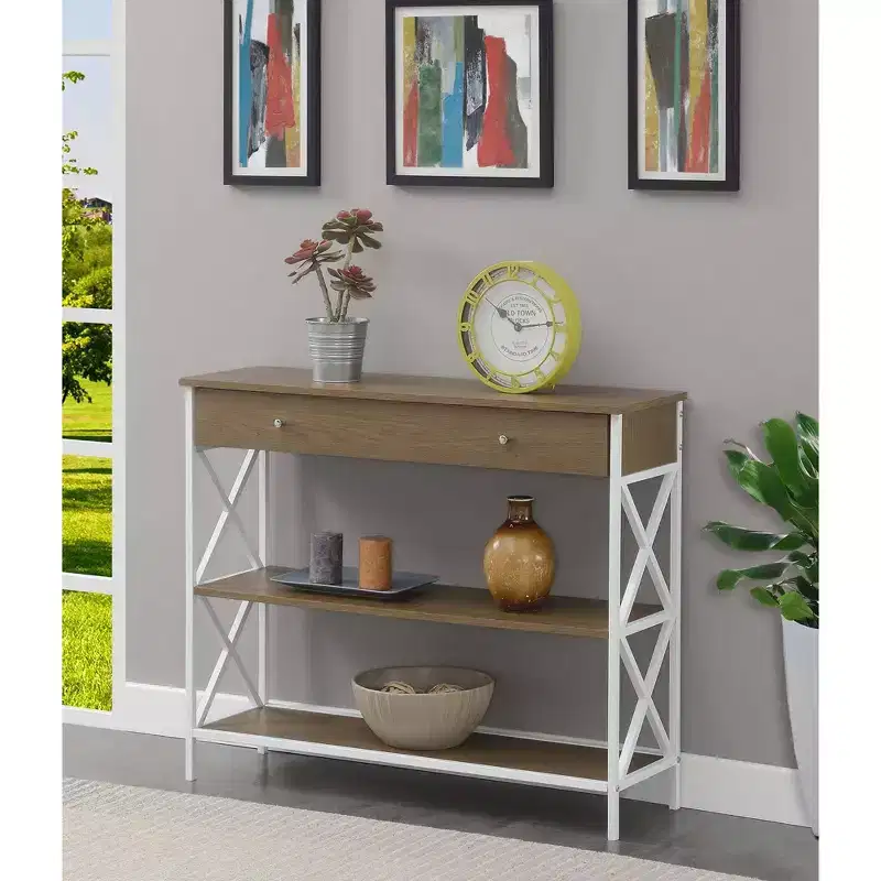1 Drawer Console Table with Shelves Driftwood/White: Metal Frame, MDF Top, Entryway Storage