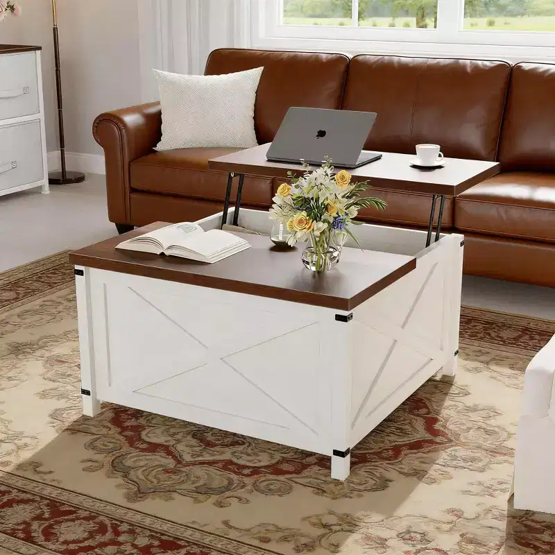 Square Industrial Design Coffee Table with Lift Top and Storage for Living Room