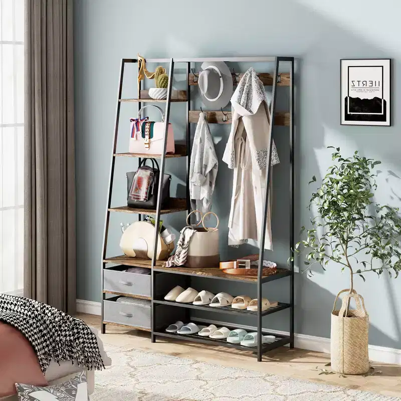 6-in-1 Freestanding Hall Tree Coat Rack w/ Bench & Fabric Dressers Rustic Brown