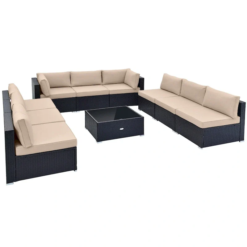 10 Piece Outdoor Wicker Conversation Set with Seat and Back Cushions - 29 x 25 x 25