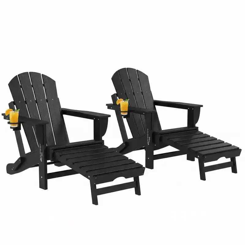 Outsunny Folding Adirondack Chair Set of 2, HDPE Fire Pit Chair with Retractable Ottoman, Cup Holder and Large Seat for Deck, Garden, Backyard