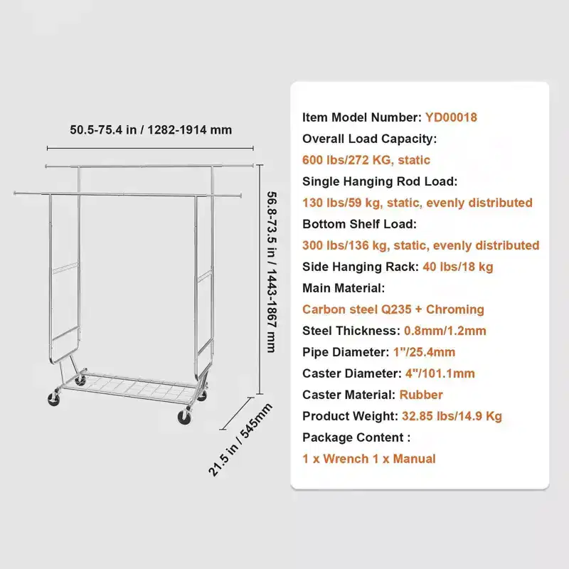 Heavy Duty Clothes Rack 600 lbs, Double Rod with Adjustable Height and Length