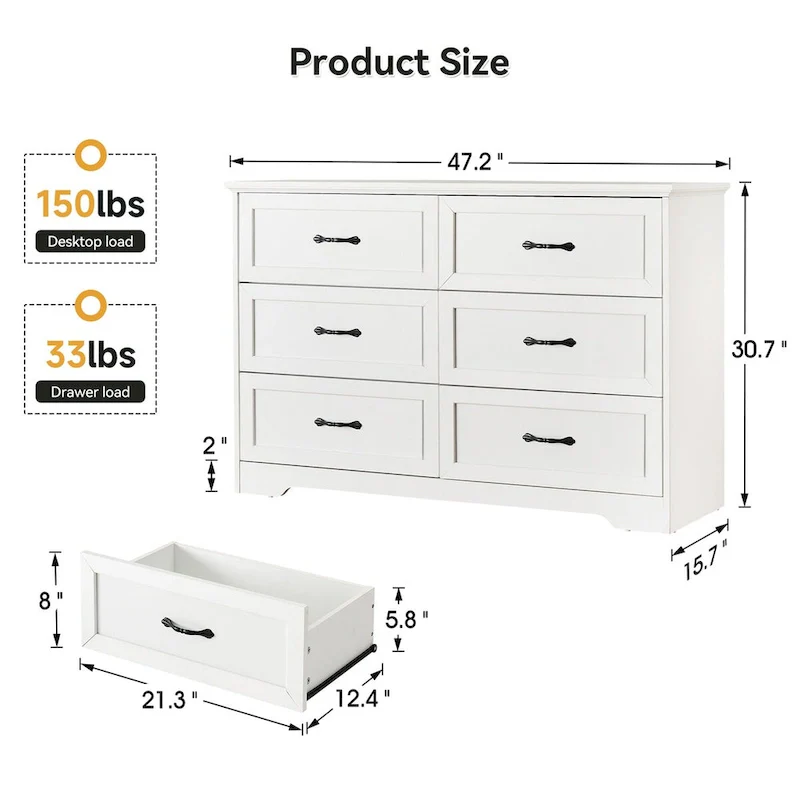 6-Drawer Dresser – Grey / White / Multi, Rustic Wood Grain, 1-Person Use