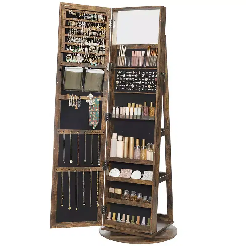Mirror Jewelry Cabinet Organizer 360 Rotating Jewelry Armoire Storage Box