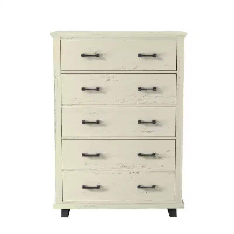 38" Wide Chest of 5 Drawers with Stylish Metal Wood Grain Handles Saw Cut Off White - Festivo: Modern Farmhouse MDF Storage Organizer