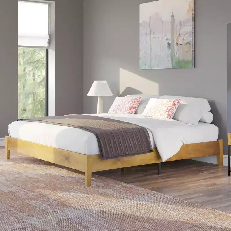 AMERLIFE Solid Wood Bed Frame with No Headboard, No Box Spring Needed/Wood Slat Support