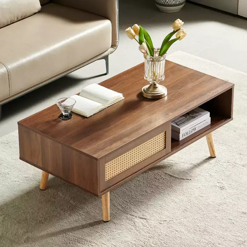 JVNOXK 41.34inch Rattan Coffee table, Sliding Door for Storage, Solid Wood Legs, Modern Table for Living Room , Walnut