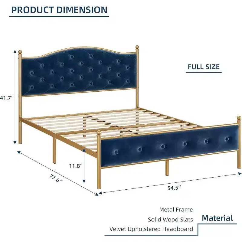 Full Bed Frame with Headboard, Velvet Upholstered, Heavy Duty Mattress Foundation, Wood Slats, No Box Spring, Easy Assembly, Gold and Blue