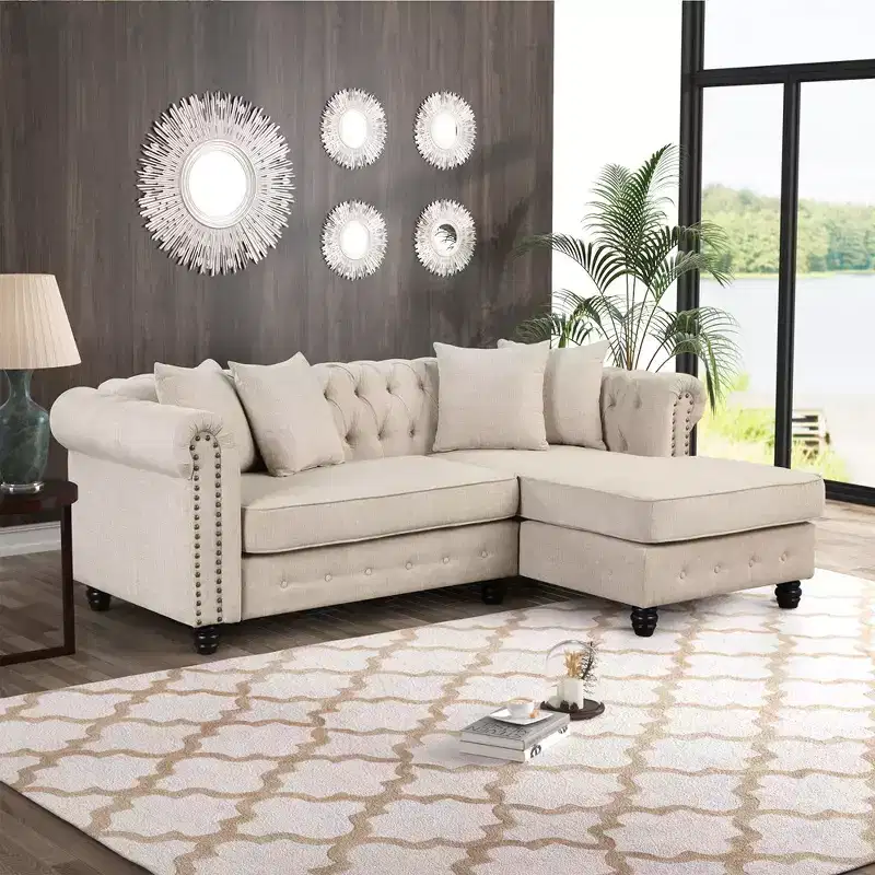 Chesterfield L Shaped Sectional Sofa Couch 3 Seater for Living Room Reversible Chaise 4 Pillows Beige