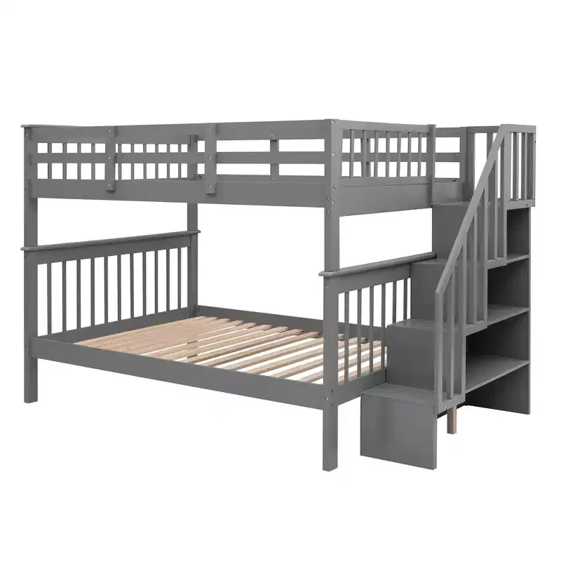 CLIHOME Stairway Full-Over-Full Bunk Bed with Storage and Guard Rail for Bedroom, Dorm