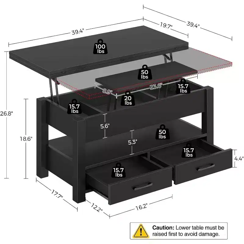 39.4in Split Lift-Top Coffee Table with 2 Drawers, Converts to Dining Table, Modern Industrial Center Table for Living Room Office