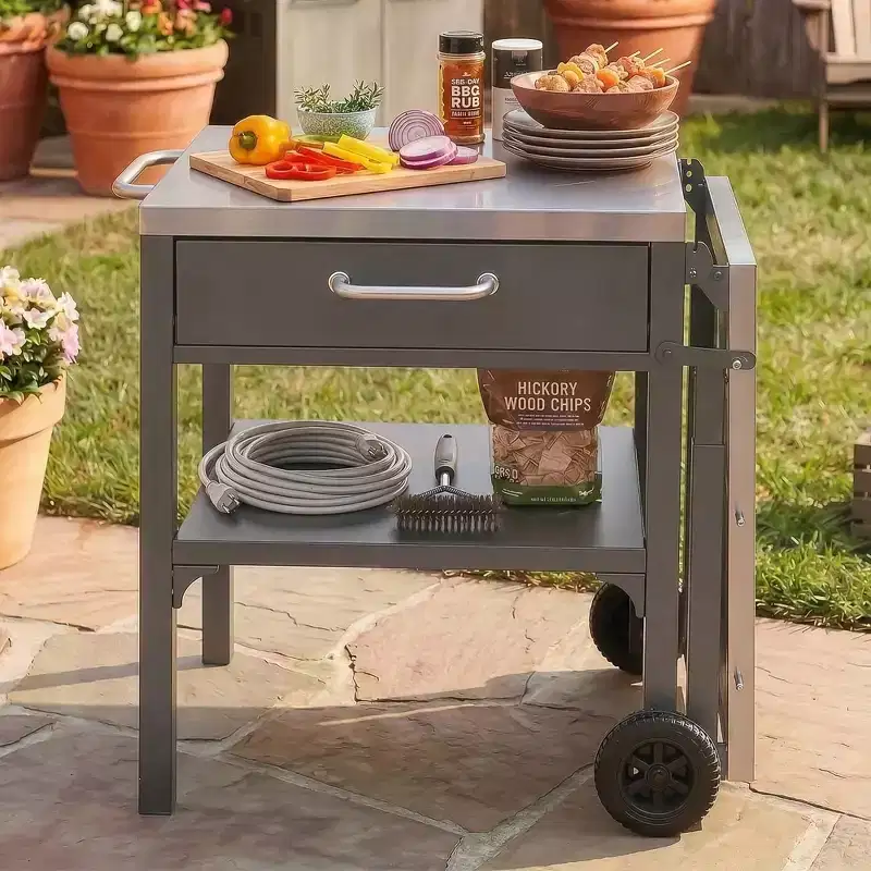 Outdoor Kitchen Cart Foldable Stainless Steel Prep Station with Wheels