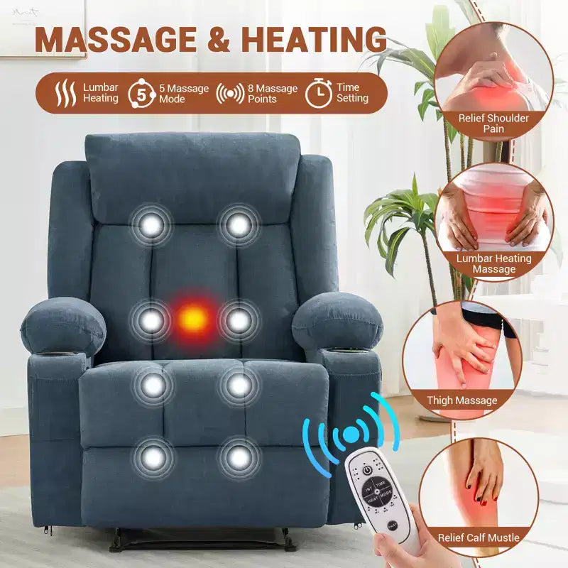 Massage Rocker Recliner Chair, Comfy Overstuffed Rocking Chair with Side Pockets, Front Pockets and Cup Holder, Easy Assembly