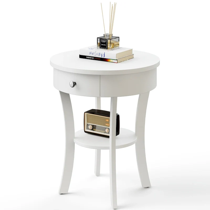 2-Tier Round Side Table with Drawer and Open Shelf