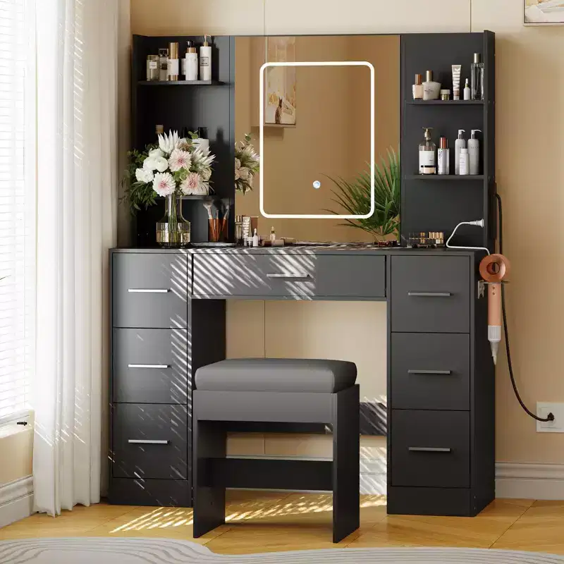 Makeup Vanity Desk with LED Mirror, 7 Drawers, Power Outlet & Stool