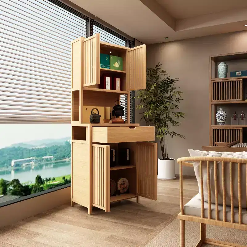 GDFStudio Amanda Magnetic Doors 72 Tall Bamboo Storage Cabinet with Drawer