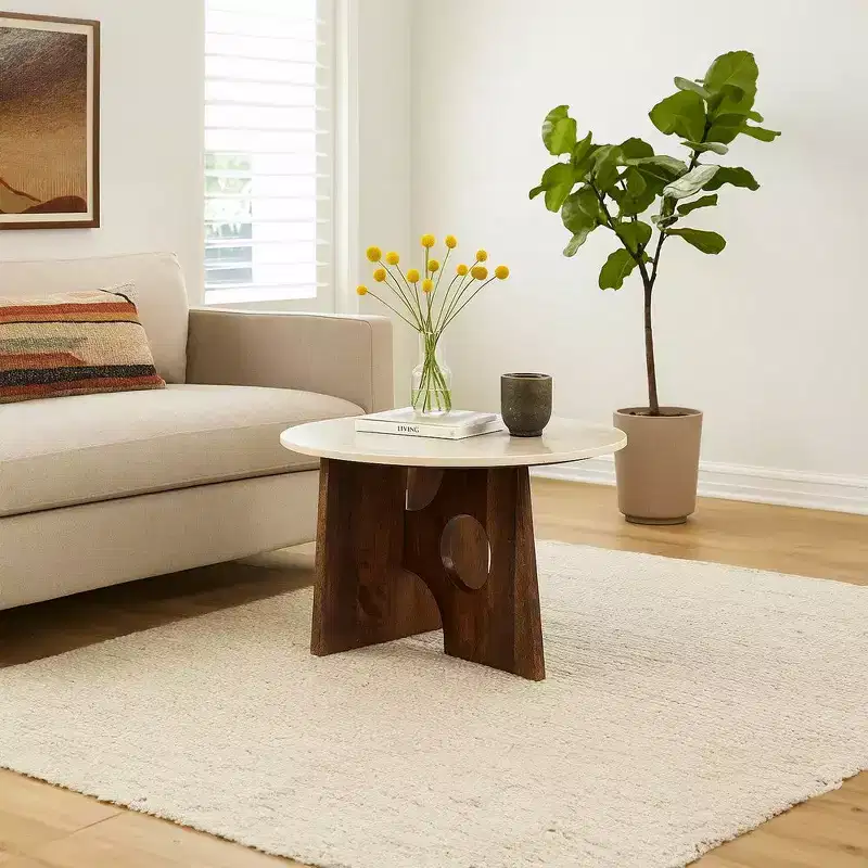 Royal Hampton Coffee Table, 27 Natural Round Marble Tabletop, Mango Wood Sculptural Base