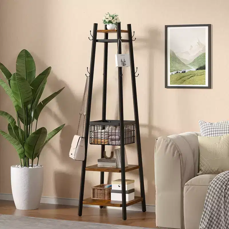 Industrial Freestanding Coat Rack Hall Tree, 3 Shelves, Metal Basket & 8 Dual Hooks