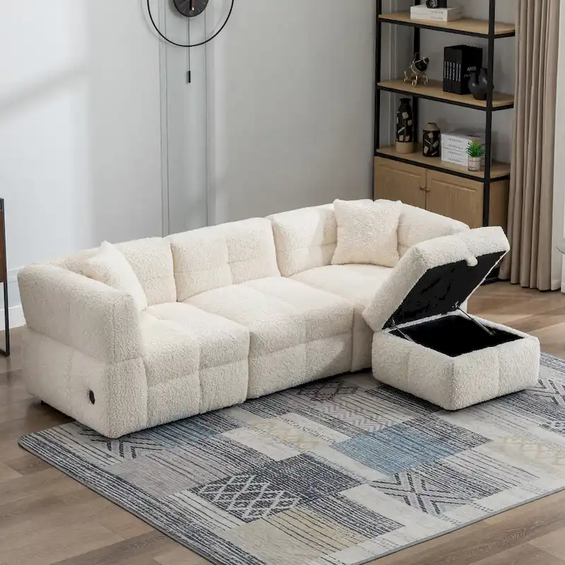 Cozy Teddy Fleece Fabric Sectional Sofa with USB Ports, Movable Storage Ottoman, and Two Lumbar Pillows