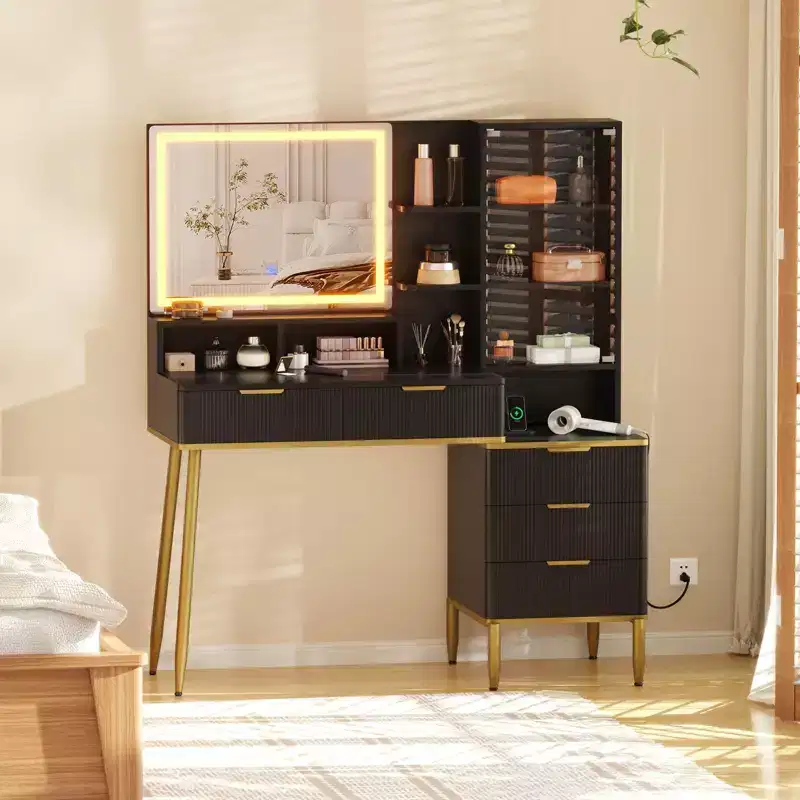 Fluted Vanity Desk, Makeup Vanity Desk with 5 Drawers, Storage Shelf, 3 Colors Lighting Adjustable Brightness for Bedroom
