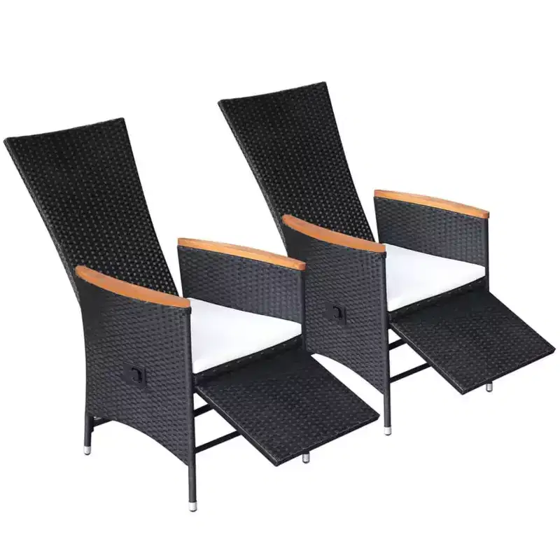 vidaXL 2-Piece Reclining Patio Chairs with Cushions - Weather-Resistant Poly Rattan Outdoor Seating in Black with Cream White Cushions