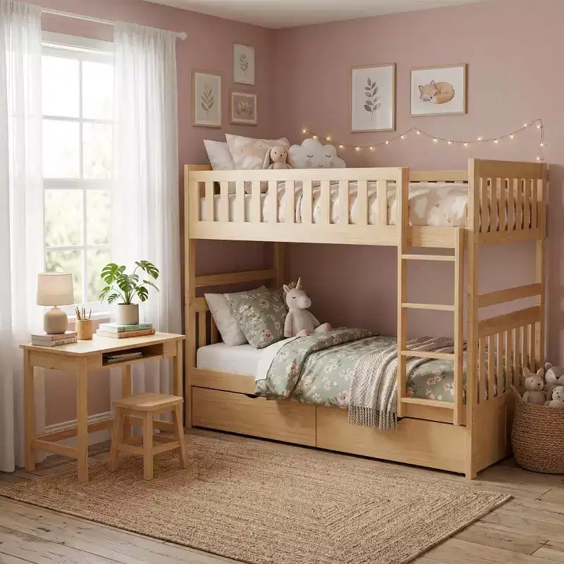 GDFStudio Carter Modern Wood Twin Over Twin Bunk Bed with Storage Drawers